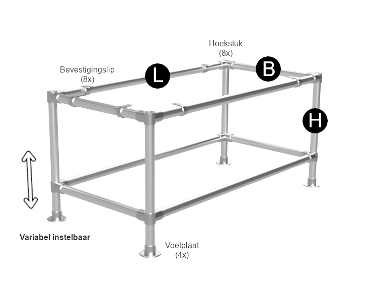 Werktafel onderstel met 2 onder-etages uit gegalvaniseerde buis Ø 42,4 mm